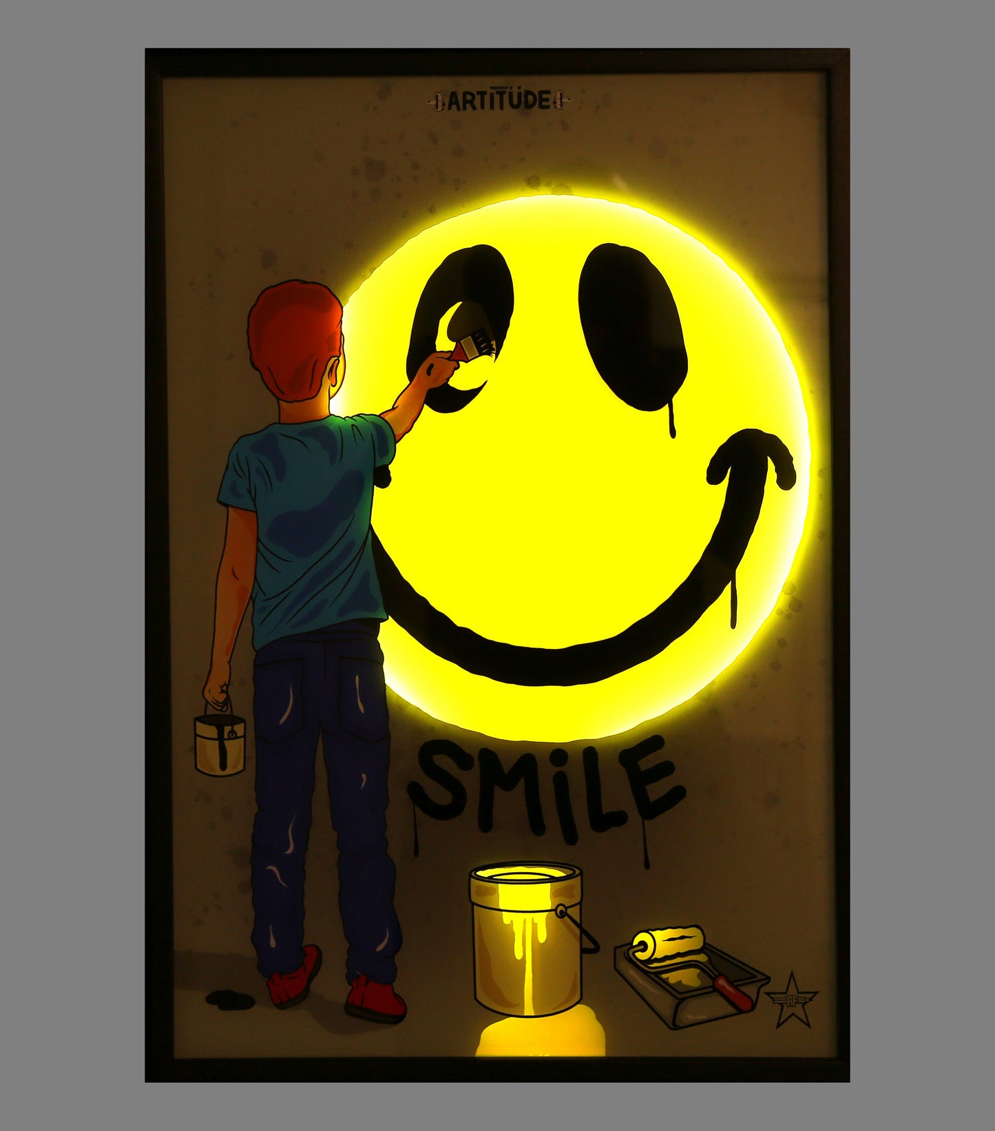 RFART - Smile - Lightbox - signé à la main - construction 3D dans un cadre en bois