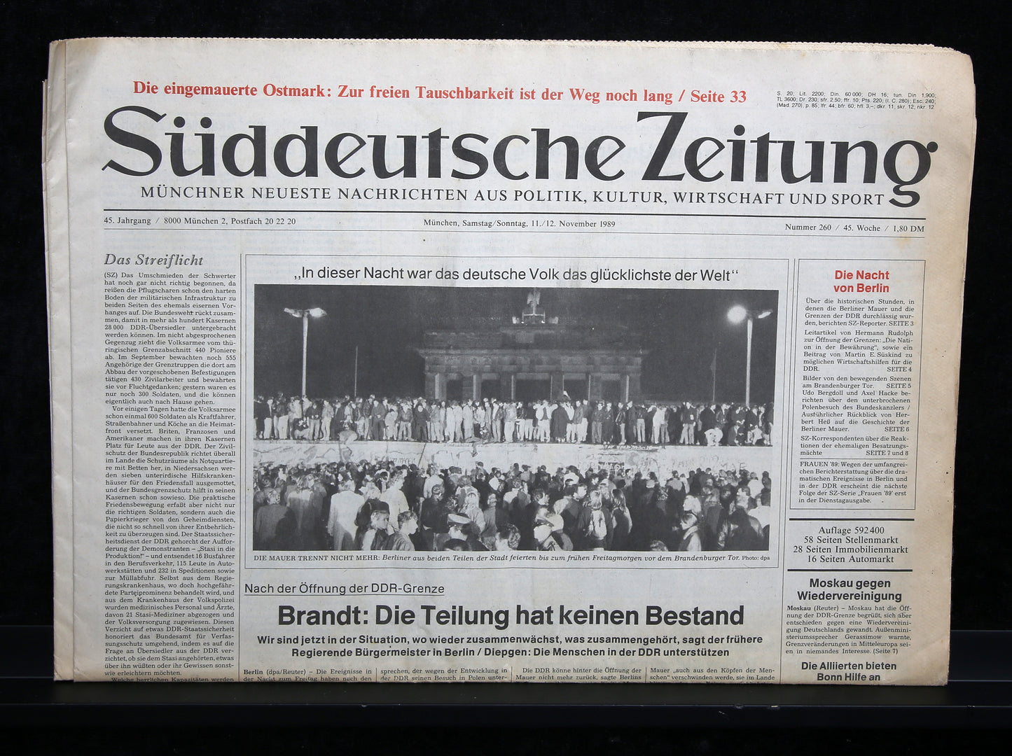 Süddeutsche Zeitung - Original du 11/12. Novembre 1989 - Chute du mur de Berlin