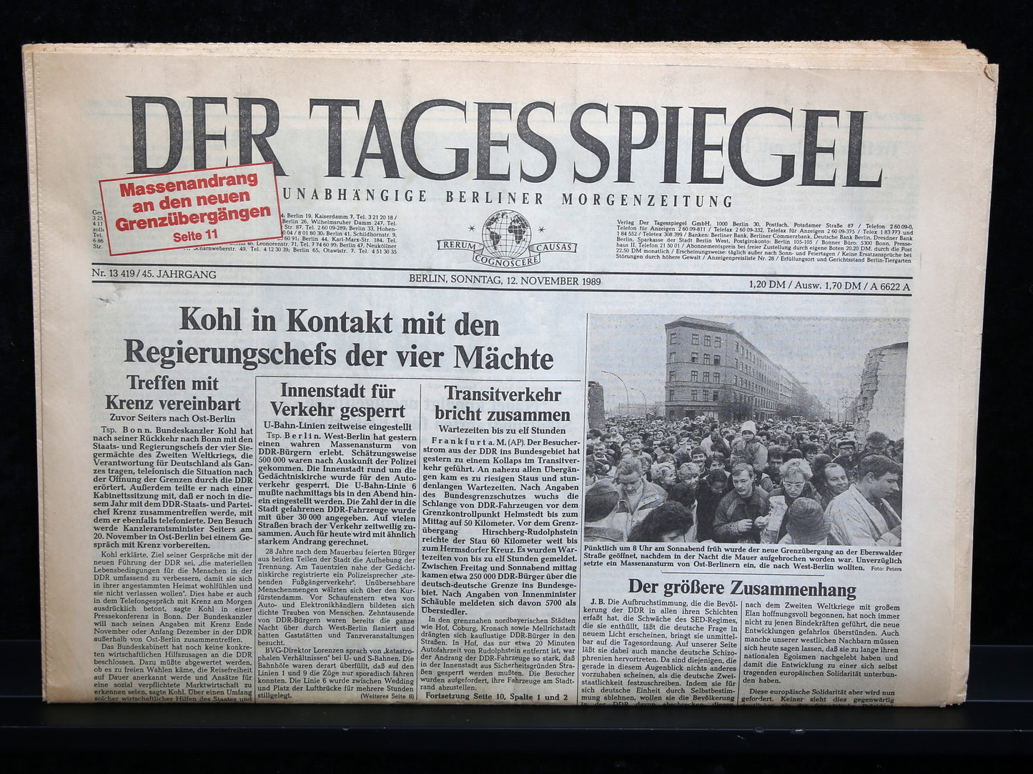 Der Tagesspiegel - Original du 12 novembre 1989 - Chute du mur de Berlin