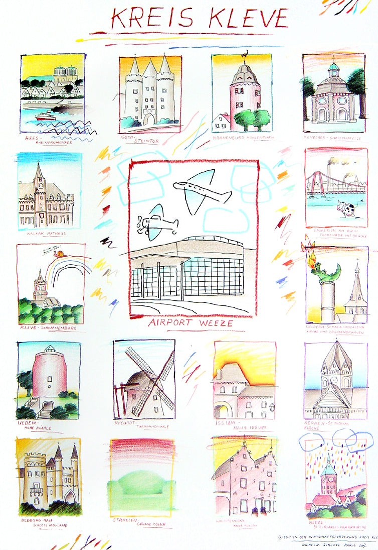 Schlote, Wilhelm - Aéroport de Weeze dans le quartier de Clèves - lithographie offset couleur - signée à la main