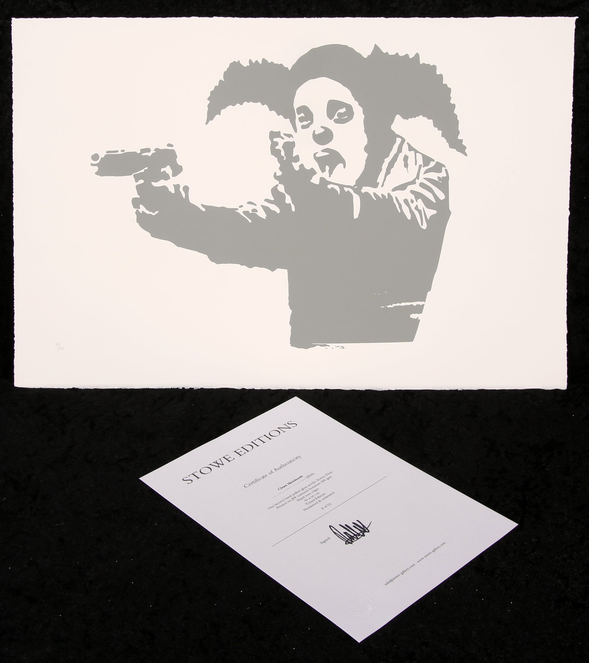 Banksy - Clown Skateboards / .... . .-. . - --- ... - .- -.--- Siebdruck, zertifiziert und limitiert Clever-Art