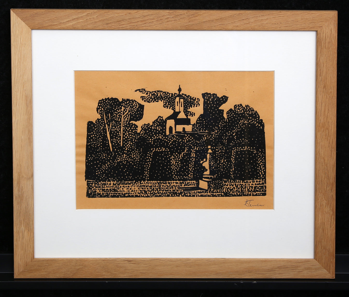 Teuber, Hermann - Petite église - Linogravure - encadrée - signée à la main