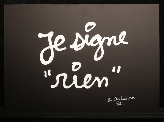 Vautier, Ben - Je signe rien - aluminium / 3D tekstcollage - handgesigneerd archief