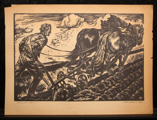 Warnecke, Rudolf - Ploegende boer - Houtsnede - handgesigneerd