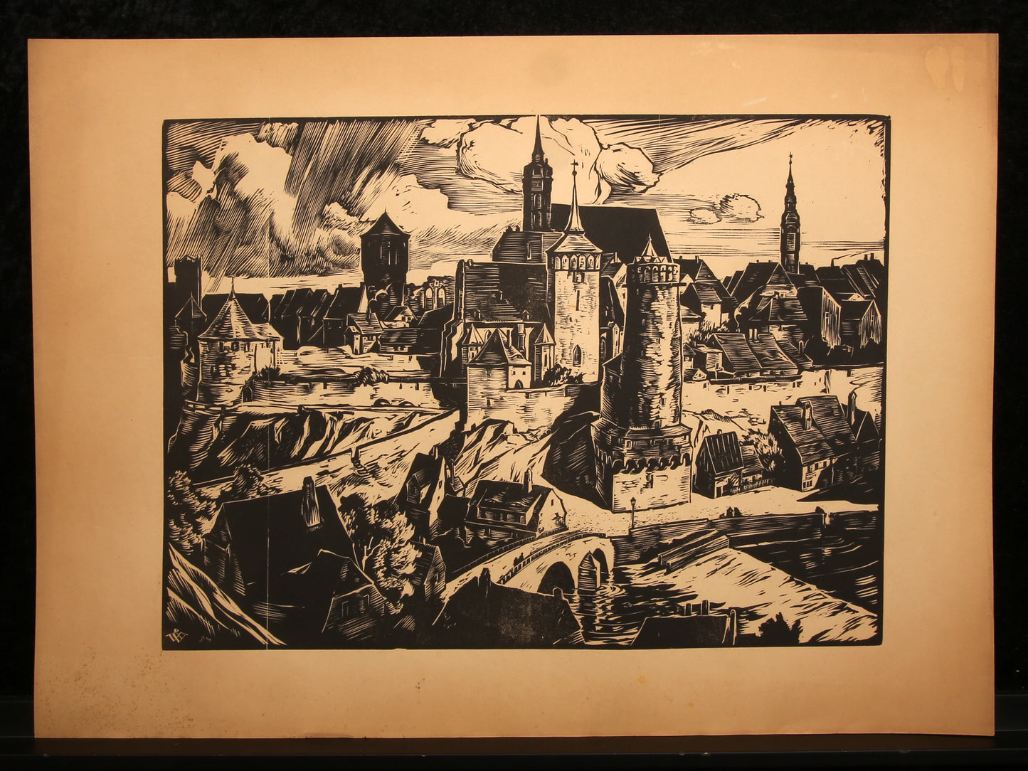 Warnecke, Rudolf - Bautzen uit het Zuiden - houtsnede - gemonogrammeerd