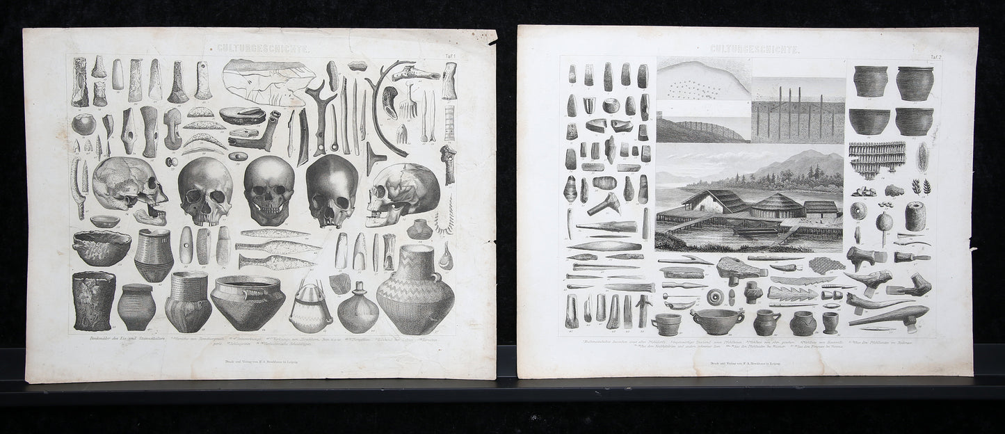 FA Brockhaus Verlag - Beeldatlas - Thema Cultuurgeschiedenis - 9 prenten - ca. 1870