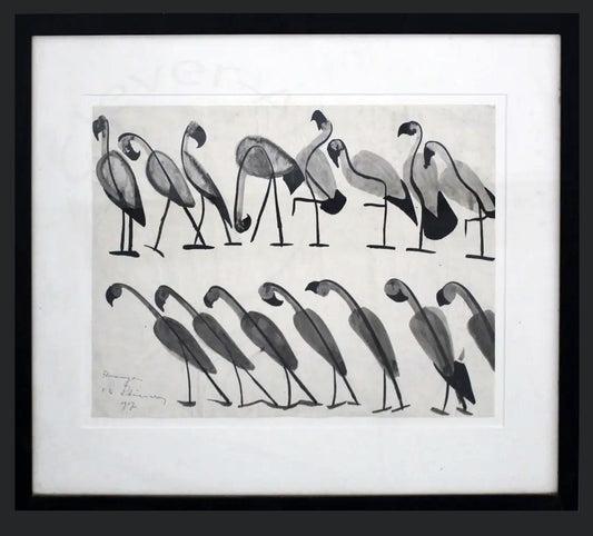 Schönzeler, Ernst - Flamants roses - encre sur papier - signé à la main