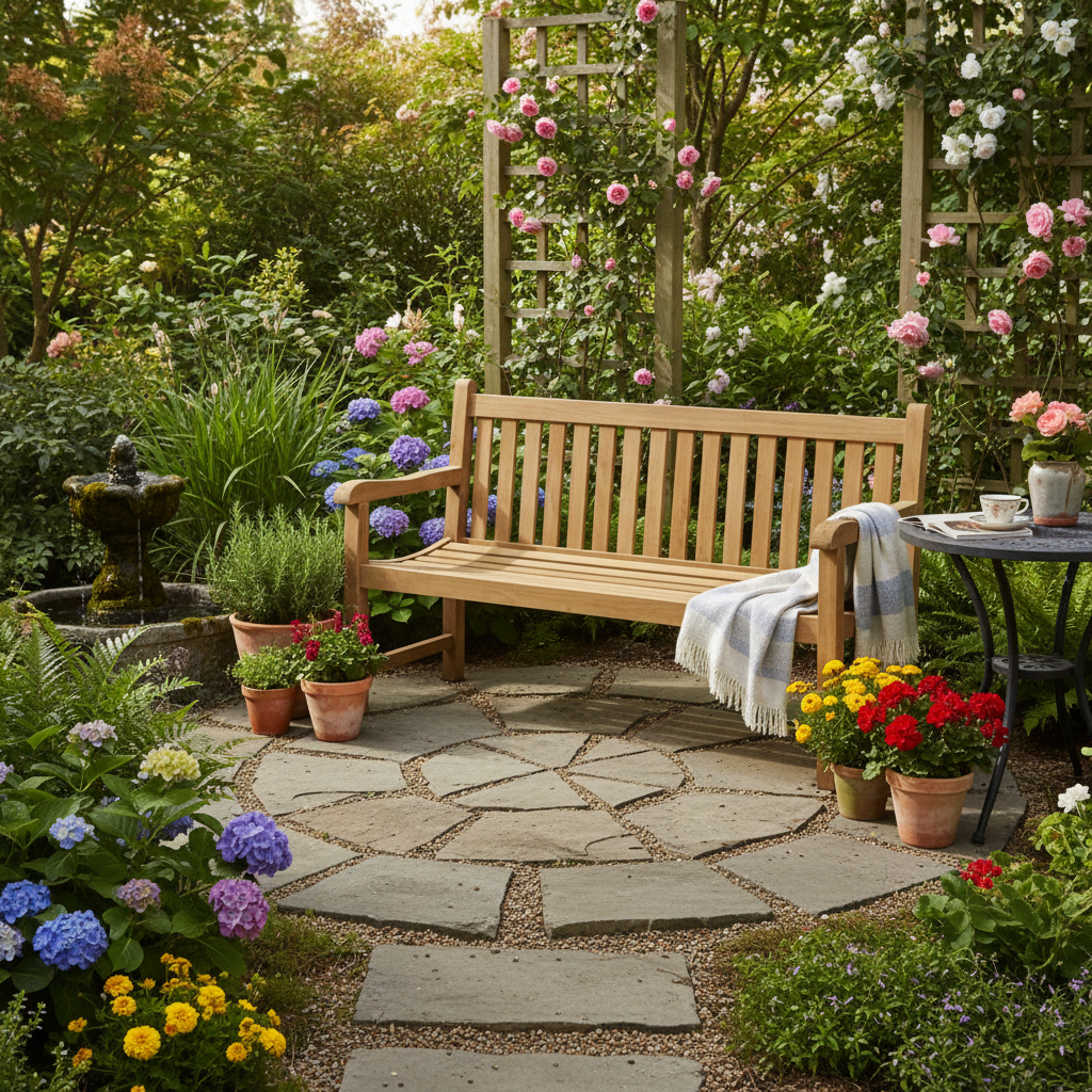 Teakholz Sitzgruppe - Tisch - Bank - 6 Stapelsessel + Kissen - NEU