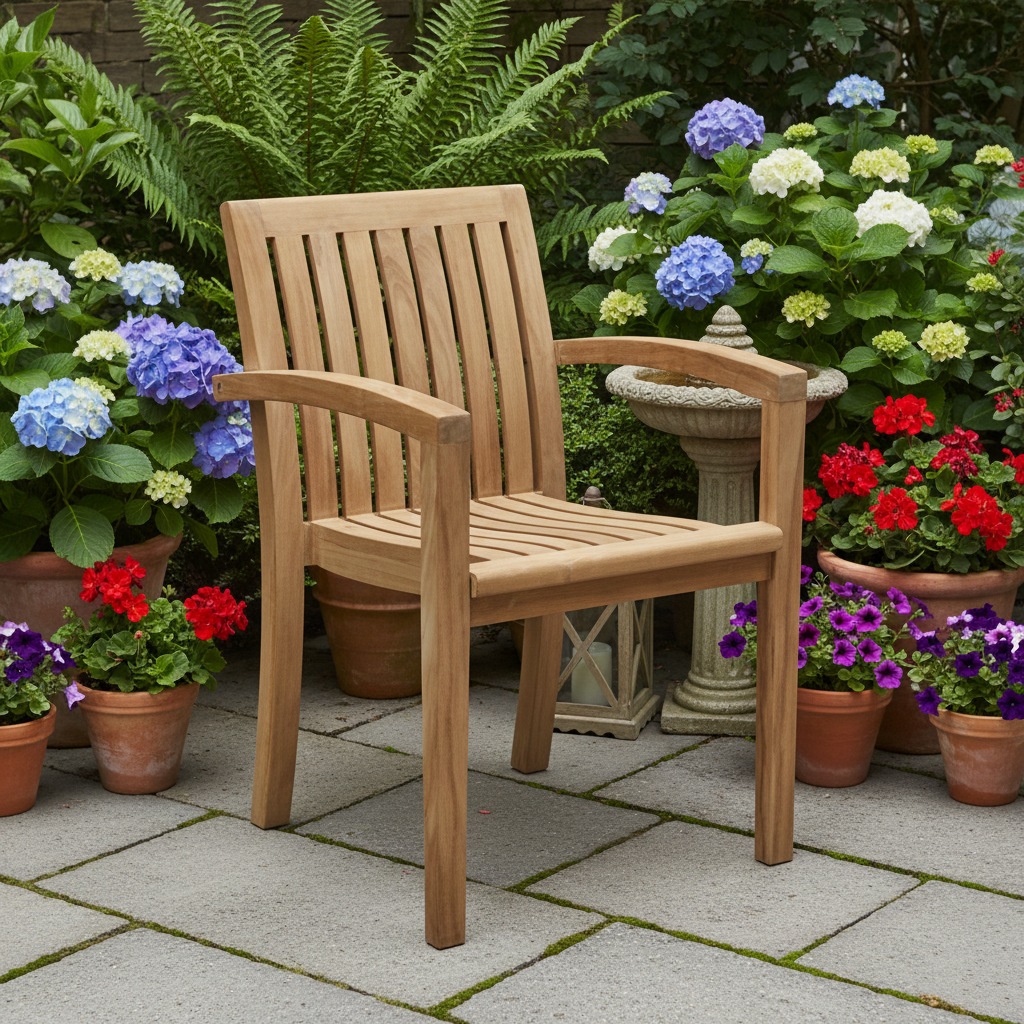 Teakholz Sitzgruppe - Tisch - Bank - 6 Stapelsessel + Kissen - NEU