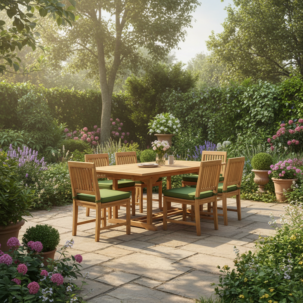 Teakholz Sitzgruppe - Tisch - Bank - 6 Stapelsessel + Kissen - NEU